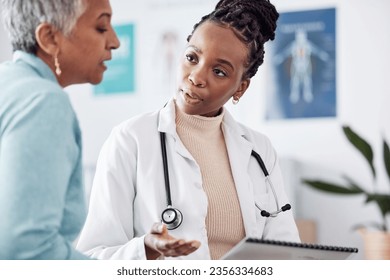 Black woman, doctor and elderly patient for consultation, advice and report with results for health. Healthcare, senior person and medical expert in communication and discussion in hospital office - Powered by Shutterstock