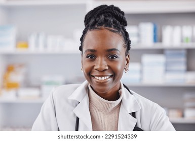 Black woman, doctor and portrait smile in healthcare, pharmacy or medication consultant at clinic. Face of happy African American female medical professional or pharmacist smiling in health insurance - Powered by Shutterstock