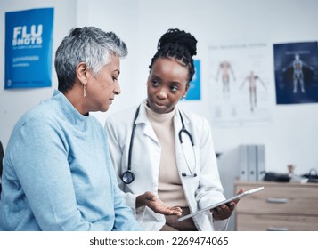 Black woman, doctor and senior patient with tablet, results and listen for health planning, advice or cancer. African medic, mobile touchscreen and healthcare with trust, tech and support in hospital - Shutterstock ID 2269474065