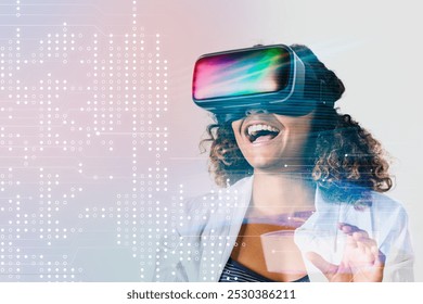 Black woman enjoying a VR headset. Business woman VR headset device, Innovative VR technology hologram overlay, high-tech futuristic virtual reality technology concept. - Powered by Shutterstock