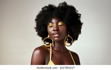 Black Woman, Face Makeup And Beauty Eyes Closed, Thinking Or Fashion Inspiration. African Model, Afro Hair Care And Stylish, Unique Gold Designer Jewelry Or Cosmetics On Gray Mockup Studio Background