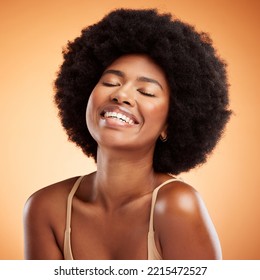 Black Woman Face, Natural Beauty And Skincare Health Wellness On Orange Studio Wall Background. A Happy African Model Smile, Black Female Empowerment And Healthy Cosmetic Luxury Fashion Afro Haircare