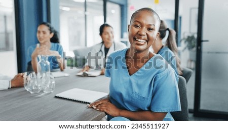 Black woman, face or nurse in hospital meeting for medical planning, life insurance medicine or treatment training. Smile, happy and healthcare worker portrait in teamwork, collaboration or diversity