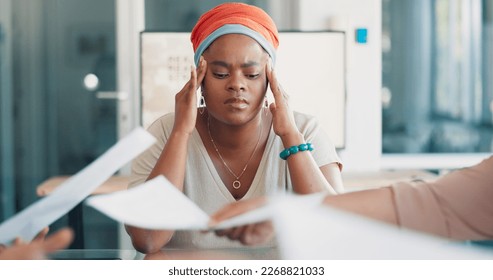 Black woman, face with stress and multitasking, burnout in business and phone call, time management mistake. Work balance fail, communication and workflow crisis, anxiety zoom with chaos in workplace - Shutterstock ID 2268821033