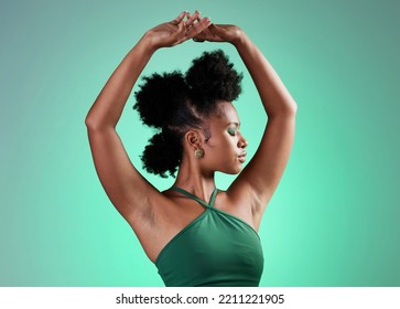 Black Woman, Fashion And Dance Model Pose Of A Person From Jamaica Confident. Beauty And Female Empowerment Of A Salsa Dancing And Posing Dancer With Confidence In A Studio With A Green Background