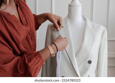 A black woman fashion designer measuring a white blazer on a dress form. This fashion designer focuses on precision in tailoring, showcasing her skills in custom clothing design. - Powered by Shutterstock