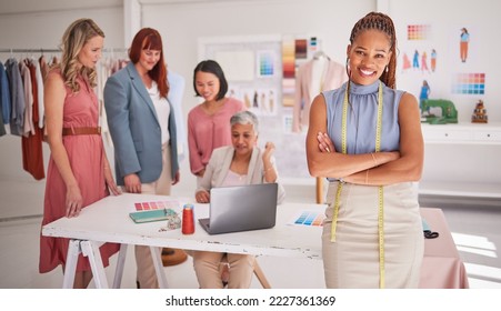 Black woman, fashion designer small business team in workshop, startup and creative textile studio. Portrait of happy seamstress, dressmaker and production manager working in manufacturing company - Powered by Shutterstock