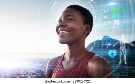 Black woman, fitness and exercise while outdoor with a smile after running with a digital hologram, overlay or double exposure cardiovascular health. Athlete with futuristic ai technology on a run - Powered by Shutterstock