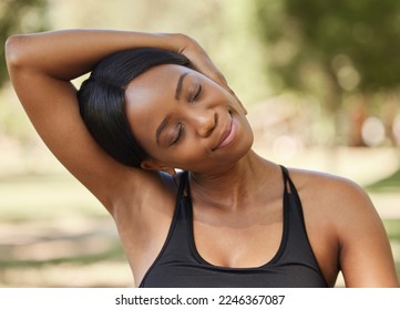 Black woman, fitness or neck stretching in nature park for healthcare wellness, relax exercise or workout training. Sports athlete, person or runner in warm up for muscle pain relief in garden field