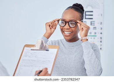 Black woman, glasses and vision, clipboard and optometrist with health insurance, prescription lens and frame. People at clinic, optometry and writing, checklist and info with eye care and documents - Powered by Shutterstock