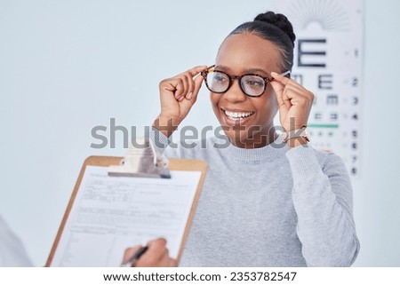 Black woman, glasses and vision, clipboard and optometrist with health insurance, prescription lens and frame. People at clinic, optometry and writing, checklist and info with eye care and documents