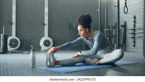 Black woman, gym and stretching, fitness and exercise motivation and body training for sport and health. Healthy, wellness and preparing for workout, warm up and stretch for active lifestyle. - Powered by Shutterstock