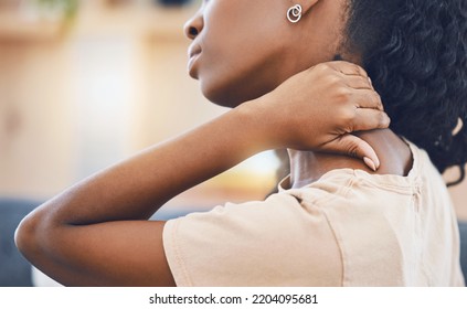 Black Woman, Hand And Neck Pain From Stress, Anxiety And Burnout In House Living Room Or Home Interior Lounge. Zoom On Healthcare, Medical And Wellness Injury From Anatomy Accident Or Muscle Pressure