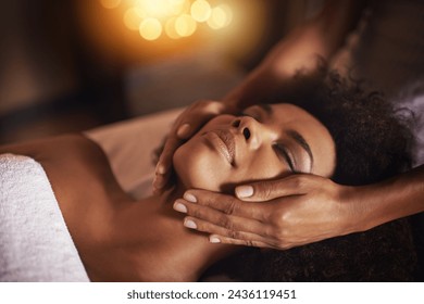 Black woman, hands on face and massage with masseuse, beauty and bodycare at spa for stress relief and wellness. Treatment, skin and facial with healing for zen, self care and relax at luxury resort - Powered by Shutterstock