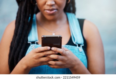 Black Woman Hands With Smartphone For Social Media, Website Contact Information Or Reading Online Blog Newsletter In Youth Urban Lifestyle. Teenager With Cellphone Typing On Chat App Or 5g Networking