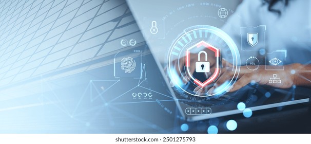 Black woman hands typing in laptop, lock shield with digital cybersecurity icons and biometric scanning. Concept of internet security, online connection and information protection