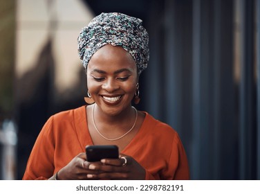 Black woman, happiness and phone text with online communication and networking. Happy, smile and female business employee on a mobile with social media and internet scroll reading a web message