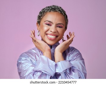 Black Woman, Happy Portrait And Neon Fashion, Unique Makeup And Retro Style On Pink Studio Background. Smile, Bold Colorful And Young Gen Z Beauty Influencer, Model And Happiness In Cyberpunk Style