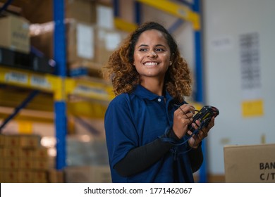 Black Woman Happy Smiling. Factory Professional Worker Inspector Warehouse. Operator Industrial. Factory Warehouse Workshop.Woman With Barcode Scanner, Employee Worker Women Concept. 