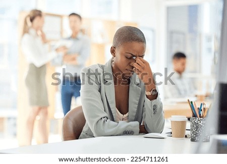 Black woman, headache or stress at desk in busy office, marketing agency or advertising company with target goals fail. Worker or employee with anxiety, burnout and mental health in creative business