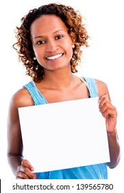 Black woman holding a banner - isolated over a white background