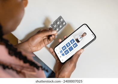 Black woman at home accessing an online medical app on her smartphone, african american female holding pills and using modern telemedicine application, exploring various healthcare options, collage - Powered by Shutterstock