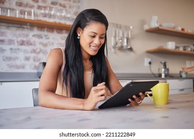 Black Woman In Kitchen, Scroll Digital Tablet For Recipe From Internet And Small Business Restaurant Owner In Brazil. Cafe Manager Search Recipe Online, Reading Email In Home And Hospitality Industry