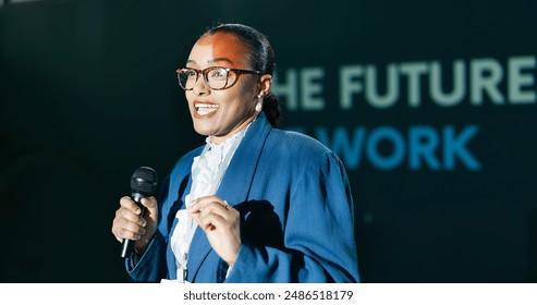 Black woman, mic and speech at conference for public speaking, presentation and international convention. Presenter, talking and seminar on stage for audience, motivation and global event with pitch - Powered by Shutterstock