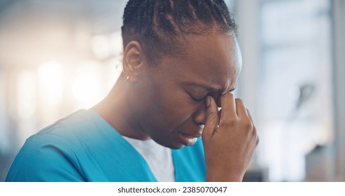 Black woman, nurse and crying, sad and mental health with depression, help and psychology with stress at work. Fatigue, healthcare and burnout with mistake, fail with reaction to news and overwhelmed - Powered by Shutterstock