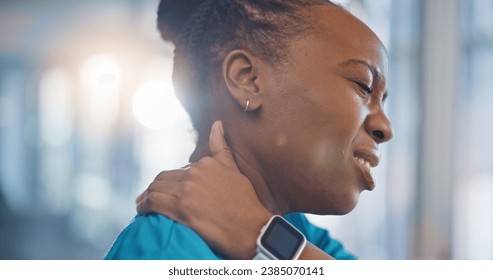 Black woman, nurse and neck pain, stress and injury with fibromyalgia, overworked and burnout at hospital. Fail, mistake and medical worker with health crisis, massage muscle with tension and fatigue - Powered by Shutterstock