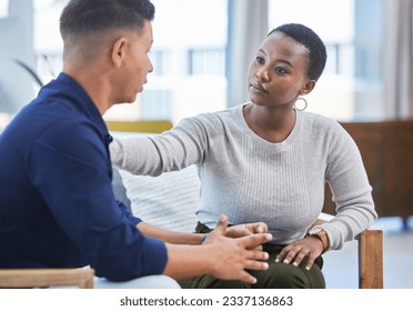 Black woman, office and console man in stress, panic or talking with mental health support in workplace. Professional, businesswoman and care for employee, coworker or management of work pressure - Powered by Shutterstock