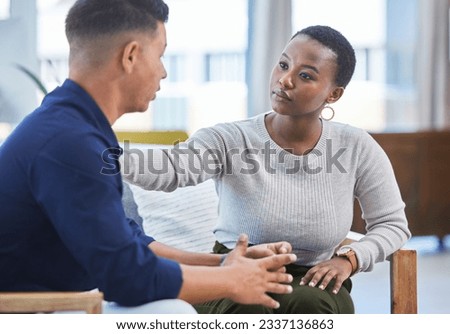 Black woman, office and console man in stress, panic or talking with mental health support in workplace. Professional, businesswoman and care for employee, coworker or management of work pressure