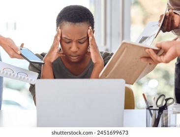 Black woman, office and technology with headache or stress for deadline, overtime and exhausted. Female employee, entrepreneur and frustrated with burnout as graphic designer in startup business - Powered by Shutterstock