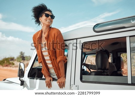 Black woman on road, enjoying window view of desert and traveling in suv on holiday road trip of South Africa. Travel adventure drive, happy summer vacation and explore freedom of nature in the sun Foto d'archivio © 