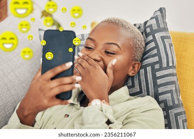 Black woman on sofa with phone, laughing and emoji on social media, message or video online. Happy face, smile and internet, girl on couch with digital app on smartphone and funny viral meme in home.