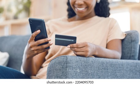 Black Woman, Online Shopping And Ecommerce Phone Payment On Credit Card, Mobile Money And Internet Finance On Home Sofa. Closeup Of Happy African Person, Cellphone Banking And Easy Fintech Technology