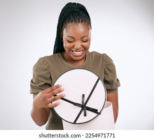 Black woman open gift, present and studio for surprise, smile and giveaway. Happy female, background and opening box, package and products for birthday celebration, happiness and excited promotion - Shutterstock ID 2254971771