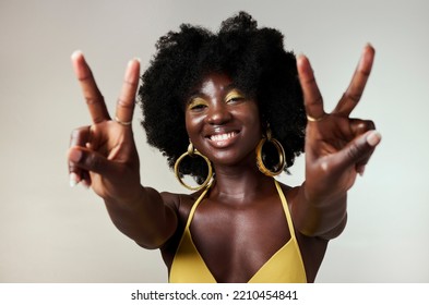 Black Woman, Peace Sign And Fashion Afro Hairstyle On Studio Background With Style, Trend And Makeup Cosmetics. Portrait, Fun Or Happy Beauty Model With Playful And Good Energy Hands Gesture In Congo