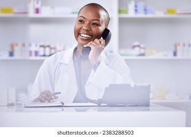 Black woman, pharmacist and phone call on mockup space for Telehealth or consultation at the pharmacy. Happy African female person, medical or healthcare professional talking on telephone at clinic - Powered by Shutterstock