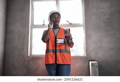 Black woman, phone call and construction site as engineer or supervisor in project management. Female person, mobile tech and safety vest for infrastructure, industry and development in architecture - Powered by Shutterstock