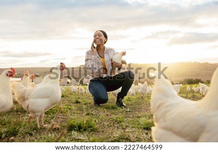 Black woman, phone call and countryside on chicken farm with smile for live stock in the outdoors. Happy African American female farmer smiling on phone for sustainability, agriculture and animals