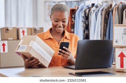 Black woman, phone and logistics of fashion designer for communication, sale or order at boutique store. Happy African female person or small business owner on smartphone for clothing payment at shop - Powered by Shutterstock