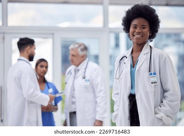 Black woman, portrait or doctor in clinic leadership, about us or medical collaboration for hospital medicine, trust or life insurance. Smile, happy or healthcare worker in diversity teamwork or help - Powered by Shutterstock