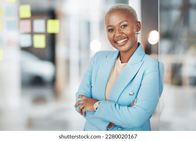 Black woman, portrait smile and arms crossed in small business management leaning proud on glass at office. Happy African American female smiling in confidence for corporate planning at workplace - Powered by Shutterstock