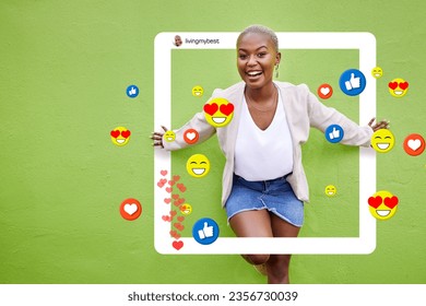 Black woman, portrait and social media emojis, like and heart icons isolated on green background or mockup wall space. Smile, influencer and content creator with photography frame, graphic or overlay - Powered by Shutterstock