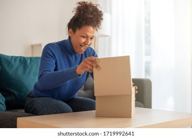 Black Woman Portrait Unboxing Package After Delivery