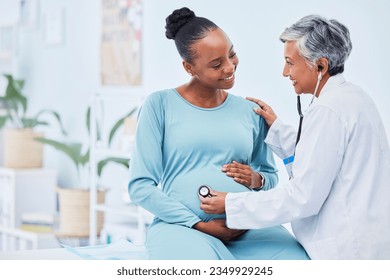 Black woman, pregnant and doctor listening to heart beat in checkup, appointment or visit at hospital. Happy African female person in maternity and mature medical or healthcare professional at clinic - Powered by Shutterstock