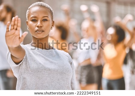 Black woman protest, stop hand sign on street or human rights equality, activism group for freedom in city. Portrait of woman against gender violence abuse, for change future of women or  people