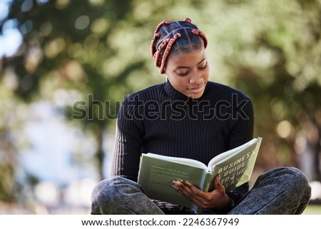 Black woman, reading book or nature park, garden or environment field in college, university or school study. Student, notebook or campus graduate with learning goals, education target or scholarship