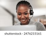 Black woman, reading and online in call center for telemarketing in outbound, tech support and customer service. Girl, virtual assistant and crm or faq with contact us for advice, headset and agent.